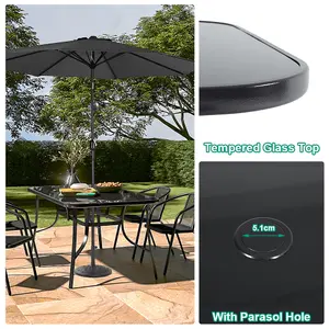 Black Rectangular Metallic and Tempered Glass Garden Dinging Table with Parasol Hole Outdoor 150 cm