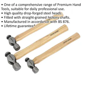 Professional 3 Piece Ball Pein Hammer Set with Hickory Shafts - 12oz, 1lb, 1.5lb