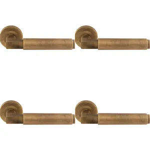 4 PACK - Premium Smooth Door Handle Set - Antique Brass Angled Lever on Round Rose