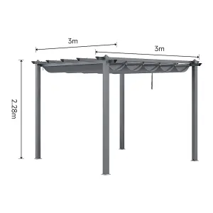 Dark Grey Sliding Retractable Roof Garden Gazebo Patio Deck Aluminum Pergola with Sun Shade Canopy 3x3M