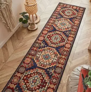 Persian Bordered Geometric Easy to Clean Navy Traditional Rug for Living Room Bedroom & Dining Room-80cm X 150cm