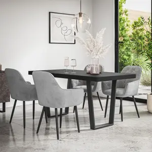 Aria Dining Table And Chairs -  Black Table Top w Black Legs + Anika Velvet Dining Chair Set Of 6 (Grey)