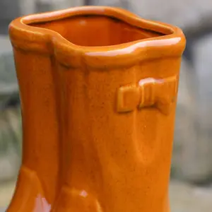 Small Orange Double Wellington Boots Ceramic Indoor Outdoor Flower Pot Garden Planter Pot