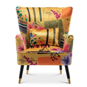 Fabric Gold Patchwork Victoria Accent Wingback Chair with Footstool