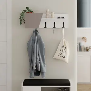 Decortie Modern Eleva Wall-Mounted Hanger White, Mocha Grey Engineered Wood with 4 Black Metal Hooks 74(D)x15.7(D)x26(H)cm