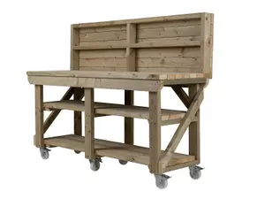 Indoor/outdoor workbench pressure treated station (H-90cm, D-64cm, L-300cm) with back panel, double shelf and wheels