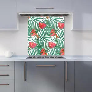 Tropical Flowers And Palm Leaves Premium Glass Kitchen Splashback W600mm x H600mm