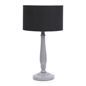 ValueLights Victoria Traditional Grey Wood Candlestick Table Lamp with Black Drum Shade