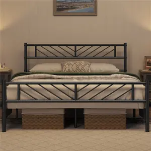 Minimalist Metal Slatted Bed Platform with Arrow Design Headboard Black / King (5')