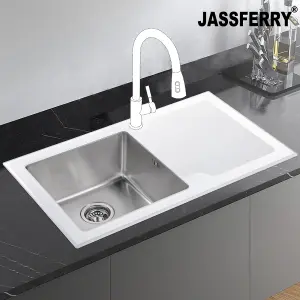 JASSFERRY White Glass Top Kitchen Sink Stainless Steel Single Bowl Right Hand Frosted Drainboard, 860 x 500 mm