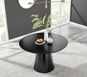 Furniturebox UK Palma Black Semi Gloss Round Pedestal Dining Table & 6 Grey Velvet Calla Black Leg Chairs