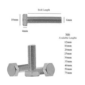 50 x Hex Head Set Screw Bolts M6 x 75mm, Fully Threaded,