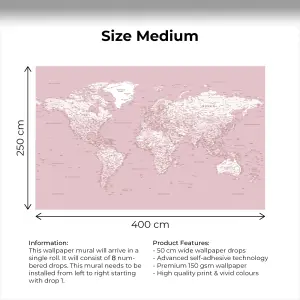 Pink World Map Wallpaper Mural - Peel & Stick Wallpaper - Size Medium (400 x 250 cm)