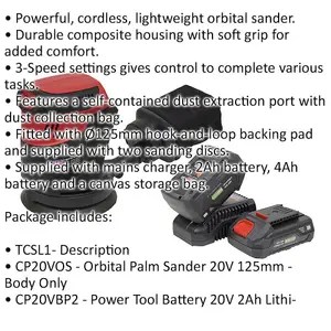 20V Cordless Orbital Palm Sander Kit - Includes 2 Batteries & Charger - Bag