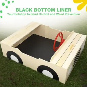 Sandpit - Wooden Car Sand Pit - With Steering Wheel, Weatherproof Cover and Secured Underlay