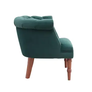 Dark Green Velvet Upholstered Buttoned Accent Tub Chair with Wooden Legs