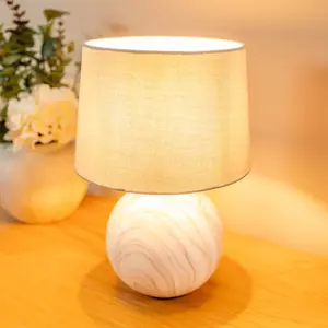 ValueLights Connie Marble Effect Ceramic Table Lamp with a Grey Fabric Shade Bedroom Bedside Light - Bulb Included