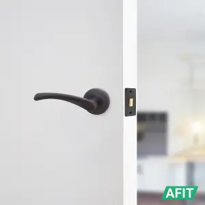 AFIT Matt Black Door Handle Latch set - Round Internal Door Handles, Latch (64mm), Hinges (76mm) Matt Black Lever on Rose Novi