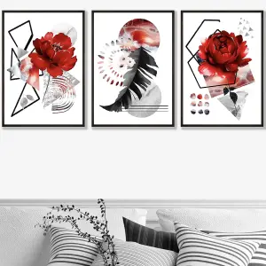 Set of 3 Abstract Red and Black Botanical Wall Art Prints / 30x42cm (A3) / Black Frame