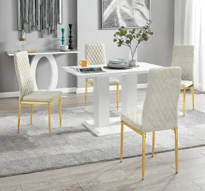 Furniturebox UK 4 Seater Dining Set - Imperia White High Gloss Dining Table and Chairs - 4 Cream Velvet Milan Gold Leg Chairs