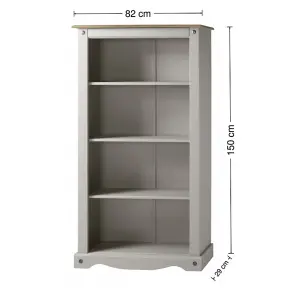 Mercers Furniture Corona Grey Wax Medium Bookcase Open Shelving Unit Solid Pine with Mexican Styling