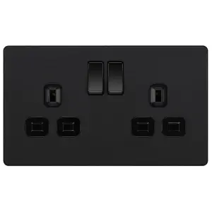 British General Double 13A Matt Black Switched socket & Black inserts