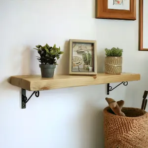 Solid Wood Handmade Rustical Shelf Primed 225mm 9 inch with Black Metal Bracket WOP Length of 110cm