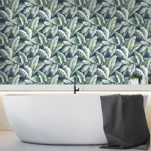 Tropicana Floral Leaf Wallpaper In Navy