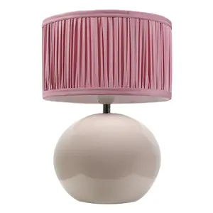 ValueLights Bosco Stone Ceramic Table Lamp with Ruched Pleated Blush Pink Fabric Drum Lamp Shade and LED Bulb