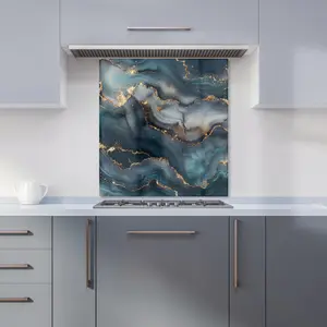 Blues And Gold Marble Effect Premium Glass Kitchen Splashback W700mm x H650mm