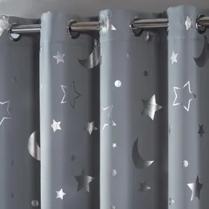 Dreamscene Galaxy Star Thermal Blackout Curtains PAIR of Eyelet Ring Top Ready Made Panels Metallic Moon - Silver Grey, 46" x 54"