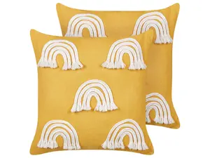 Set of 2 Cushions LEEA Cotton 45 x 45 cm Geometric Embroidery Yellow