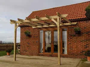 Lean to wooden garden pergola kit - Chamfered design wall mounted gazebo, 2.4m x 3m (Natural finish)