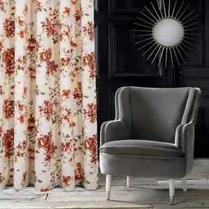 Betty Floral Design Lined Eyelet Curtains for Living Room or Bedroom - Cotton Rich Panama Fabric - Terracotta, 117 x 137cm