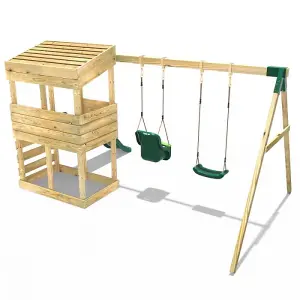 Rebo Wooden Lookout Tower Playhouse with 6ft Slide & Swings - Redwood