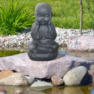 Buddha Statue Indoor and Outdoor, Grey Stone Effect Feng Shui Ornament, Buddha Baby Monk Figurine L20 W17 H35 cm