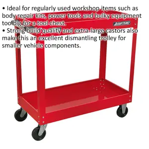 Durable 2-Level Workshop Trolley with Large Castors - 50kg Capacity Per Shelf