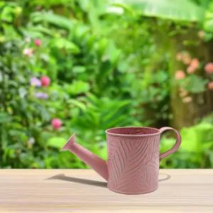 Watering Can Metal 1.1L Pastel Pink Planter 11cm Long Spout Emboss Leaf Garden