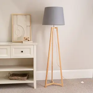 ValueLights Lottie Natural Wood Tripod Floor Lamp with Grey Tapered Shade - LED Bulb Included