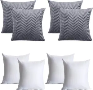 Cushions with Covers Included 45 x 45 Cm Set of 8 (4 Grey Cushion Covers, 4 Cushion Inserts)