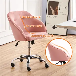 Yaheetech Height Adjustable Swivel Desk Chair with Castors and Armrests - Pink / Velvet