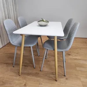 Wooden Dining Table with 4 Grey Gem Patterned Chairs White Table with Grey Chairs