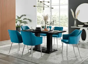 Imperia Black High Gloss 6 Seater Dining Table with Structural 2 Plinth Column Legs 6 Blue Velvet Silver Leg Calla Art Deco Chairs