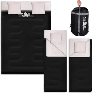 SAIL Waterproof Double Sleeping Bag with 2 Pillows Extra Large 3-4 Season - Black