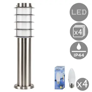 ValueLights Wharf 4 x Outdoor Stainless Steel Bollard Lantern Light Post - 450mm - Complete with 4w LED Candle Bulbs 3000K