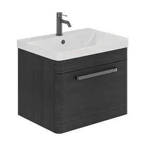 Emery Textured Black Wall Hung Bathroom Vanity Unit & Basin Set with Gun Grey Handles (W)60cm (H)46cm