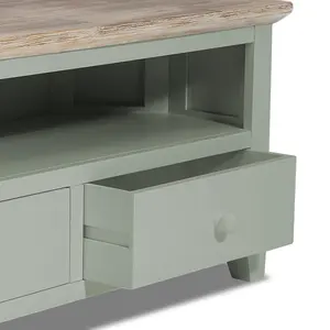 Florence Sage Green Corner TV Unit With 2 Drawers and Shelf