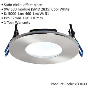 Satin Nickel Recessed Bathroom Downlight - 9W Cool White LED Slim Ceiling Light