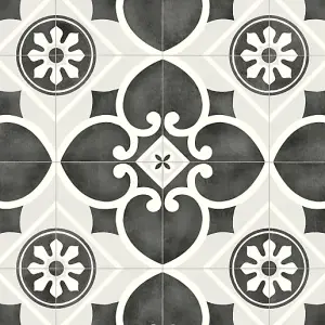 Victoria Floral Black Grey Tile Effect Vinyl Floor 2.5m x 2m