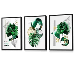 Abstract Green and Gold Floral Wall Art Prints / 42x59cm (A2) / Black Frame